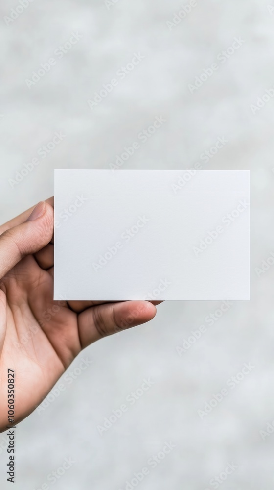 Obraz premium Hand holding a blank card against a soft grey background, perfect for customization or branding purposes.