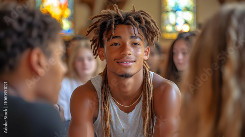 Man with dreadlocks in a gr...