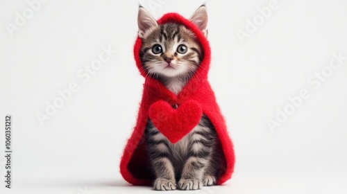 Adorable kitten dressed in a red heart costume for Valentine Day, isolated on white