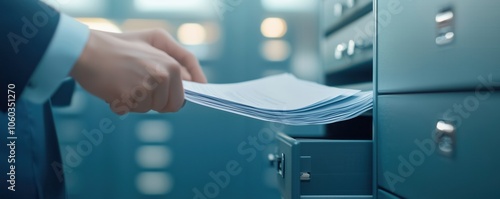 Professional hand placing papers into a drawer, organized workspace environment.