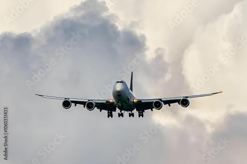 Jet airliner is descending towards an airport. The plane is flying through a cloudy sky. photo