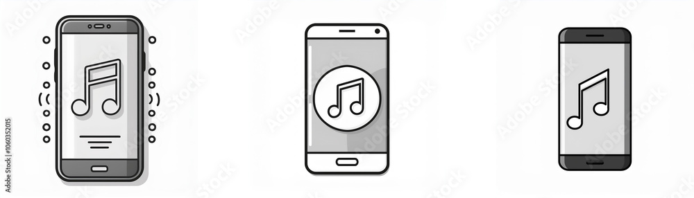 Three smartphones are shown in a row, with the music note icon displayed on their screens. Three smartphones are shown in a row, with the music note icon displayed on their screens.