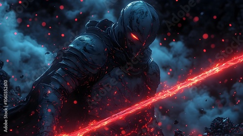 Futuristic Knight in Glowing Neon Fog Wielding Energy Blade in Cyber-Fantasy Atmosphere