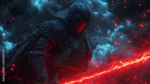Dark Futuristic Knight Wielding Glowing Red Energy Blade Enveloped in Neon Blue Cyber-Fantasy Mist