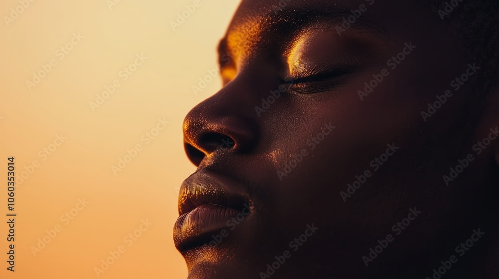 A Serene Portrait Captured at Sunset, Beautifully Showcasing Gleaming, Radiant Skin in Warm Light A Serene Portrait Captured at Sunset, Beautifully Showcasing Gleaming, Radiant Skin in Warm Light