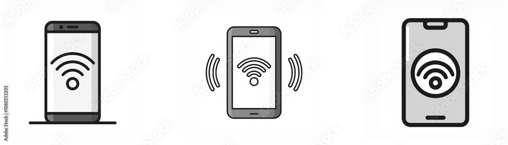 Three smartphones with a wifi symbol on the screen. Three smartphones with a wifi symbol on the screen.