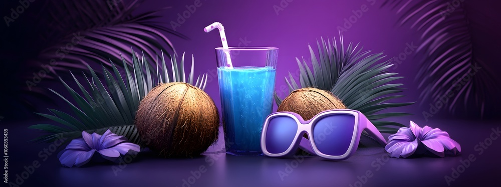 Sunglasses, coconuts, and a cocktail with a straw on a blue background Sunglasses, coconuts, and a cocktail with a straw on a blue background