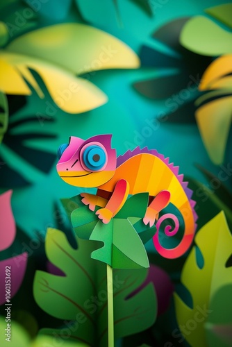 Colorful paper chameleon art nestled among vibrant tropical leaves in a captivating jungle setting.