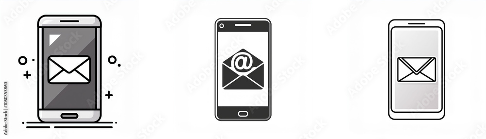 Three smartphone icons with envelopes and an at sign, indicating email communication. Three smartphone icons with envelopes and an at sign, indicating email communication.