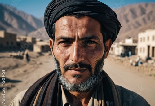 A middle-aged 45 years old Afghan man stands confidently in a rural area, showcasing his traditional attire and thoughtful gaze amidst a serene backdrop of his village. Generative AI. photo