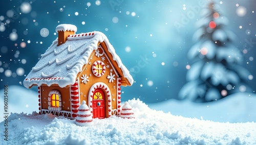 a gingerbread house in the snow with a blue background and white falling snowflakes