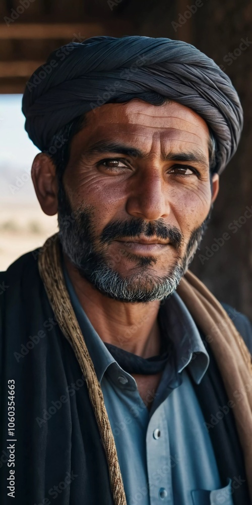 A middle-aged 45 years old Afghan man stands confidently in a rural area, showcasing his traditional attire and thoughtful gaze amidst a serene backdrop of his village. Generative AI. A middle-aged 45 years old Afghan man stands confidently in a rural area, showcasing his traditional attire and thoughtful gaze amidst a serene backdrop of his village. Generative AI.