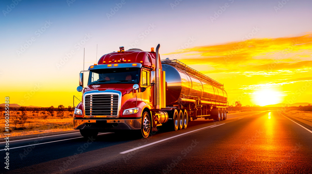 Red Semi-Truck at Sunset: A powerful red semi-truck with a silver tanker trailer drives down a highway towards a vibrant sunset. The sun's golden rays illuminate the truck. Red Semi-Truck at Sunset: A powerful red semi-truck with a silver tanker trailer drives down a highway towards a vibrant sunset. The sun's golden rays illuminate the truck.