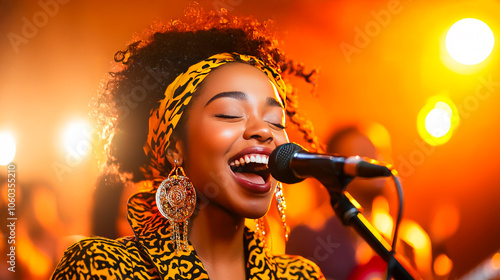 Soulful Performance: A captivating image of a female vocalist pouring her heart out into a microphone, bathed in the warm glow of stage lights, her passion and energy radiating through the lens.
