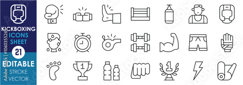 A set of line icons related to Kickboxing. Fist, gloves, punch, kick, award, helmet, ring, training bag, boxer, water, timer, and so on. Vector editable stroke.