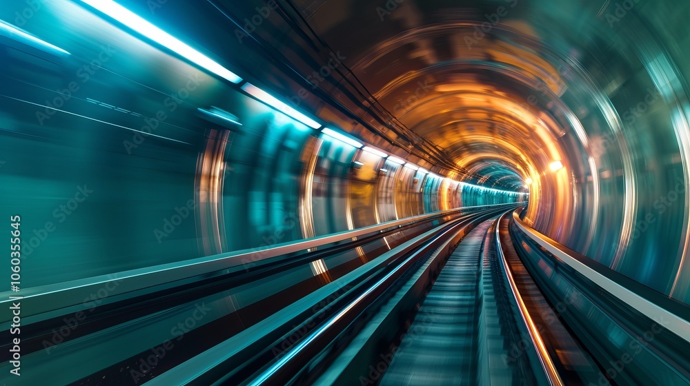 A train speeds through a brightly lit tunnel. A train speeds through a brightly lit tunnel.