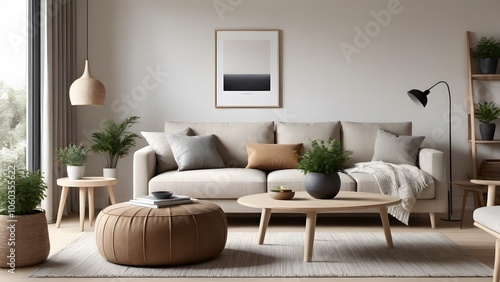 Scandinavian Inspired Living Room with Cozy Neutrals, Soft Lighting, and Lush Greenery for a Calming Atmosphere (7)