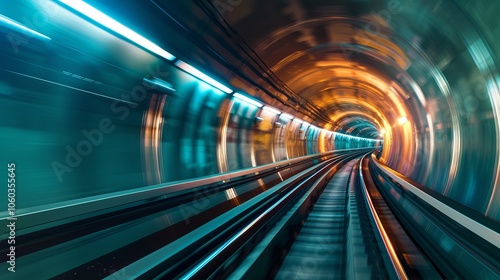 A train speeds through a brightly lit tunnel.