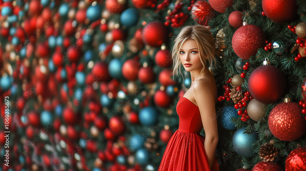 Portrait of an irresistible and confident girl in an elegant dress standing in front of a wall of Christmas ornaments, with vibrant and joyful colors in the spirit of New Year's Portrait of an irresistible and confident girl in an elegant dress standing in front of a wall of Christmas ornaments, with vibrant and joyful colors in the spirit of New Year's