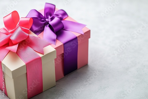 Gift boxes with vibrant pink and purple ribbons on light backgro