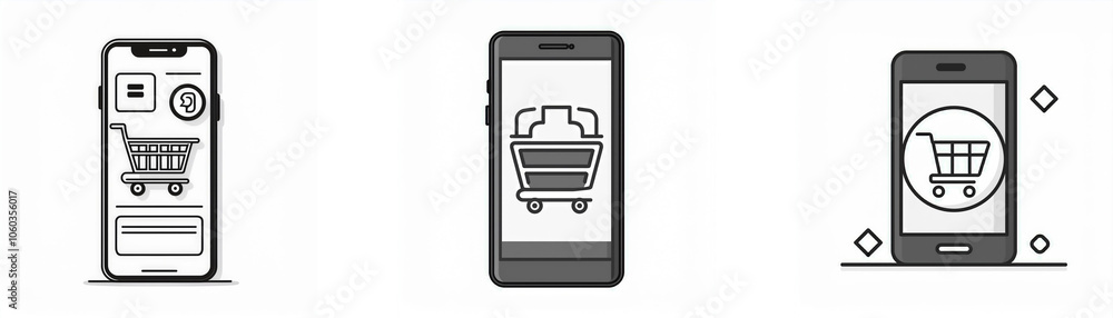 Three monochrome illustrations of a smartphone with a shopping cart icon on the screen. Three monochrome illustrations of a smartphone with a shopping cart icon on the screen.