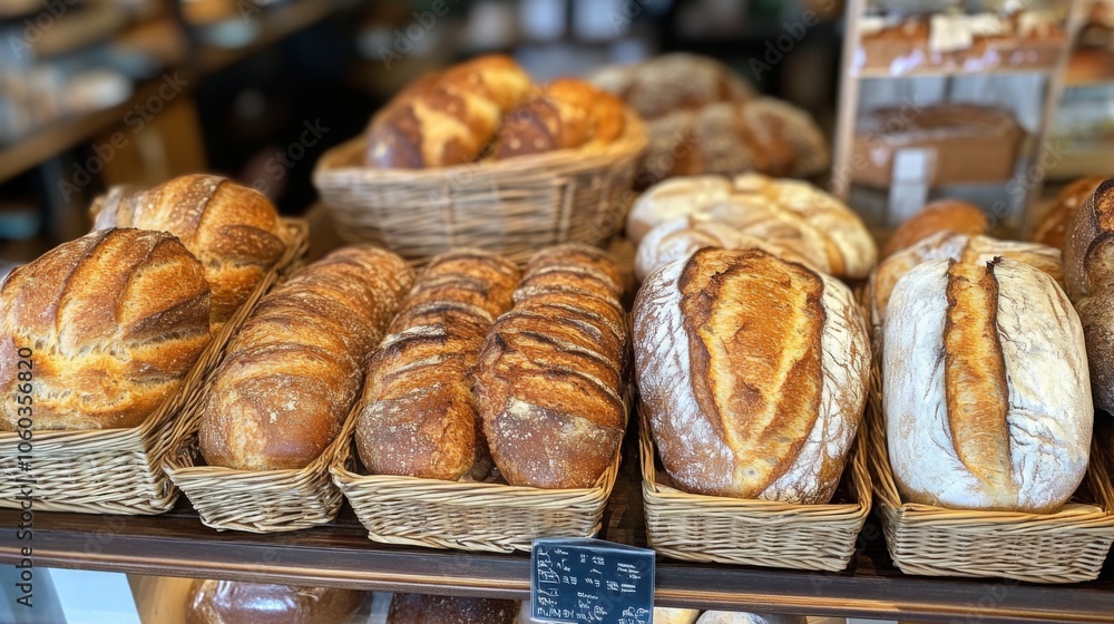 A selection of artisan breads in a bakery display, with sourdough, rye, and multigrain loaves A selection of artisan breads in a bakery display, with sourdough, rye, and multigrain loaves