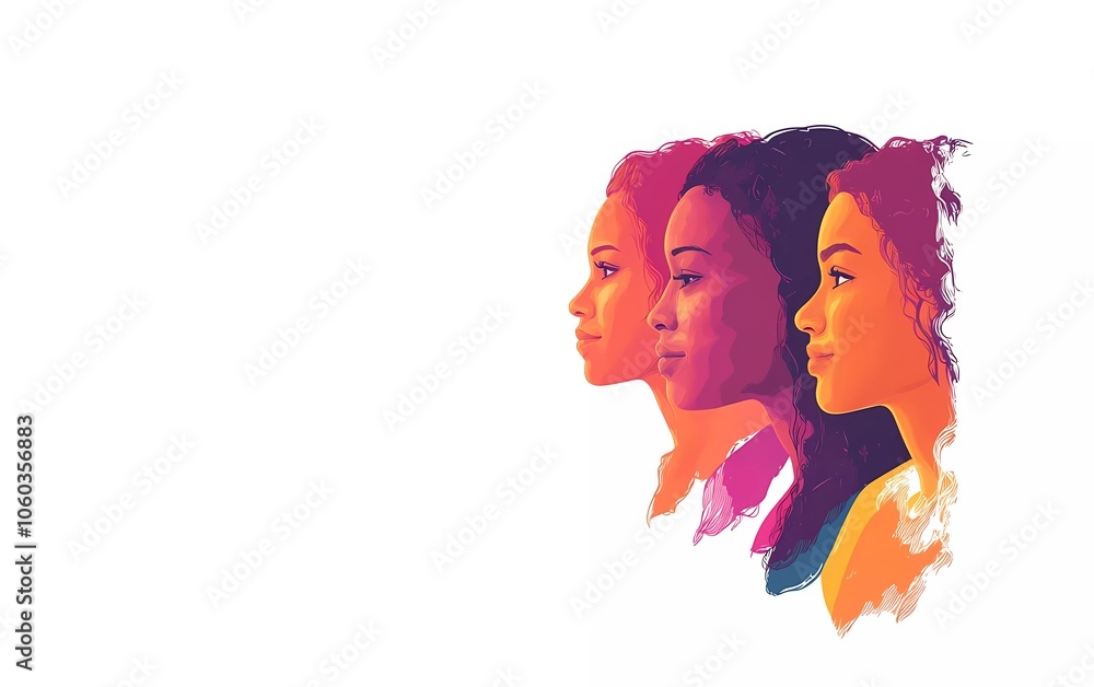 A group of women from different ethnicities in profile, in a clip art style with a white background and space for text on the right side. A group of women from different ethnicities in profile, in a clip art style with a white background and space for text on the right side.