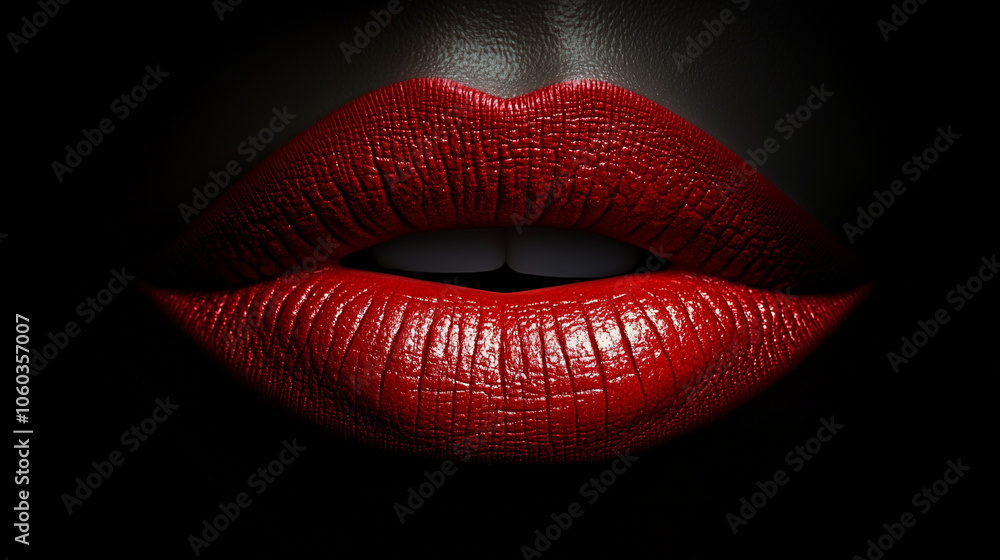Captivating close-up of bold red lips illuminated against a dark backdrop, symbolizing allure and confidence in vibrant beauty Captivating close-up of bold red lips illuminated against a dark backdrop, symbolizing allure and confidence in vibrant beauty