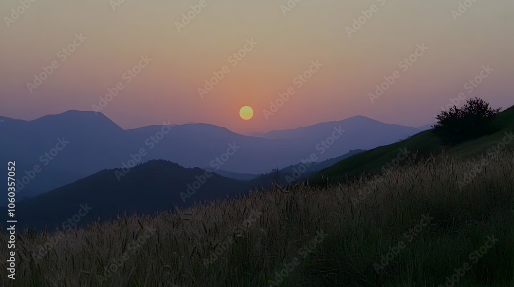 Fototapeta premium A scenic sunset over rolling hills with a golden sun setting behind the mountains.