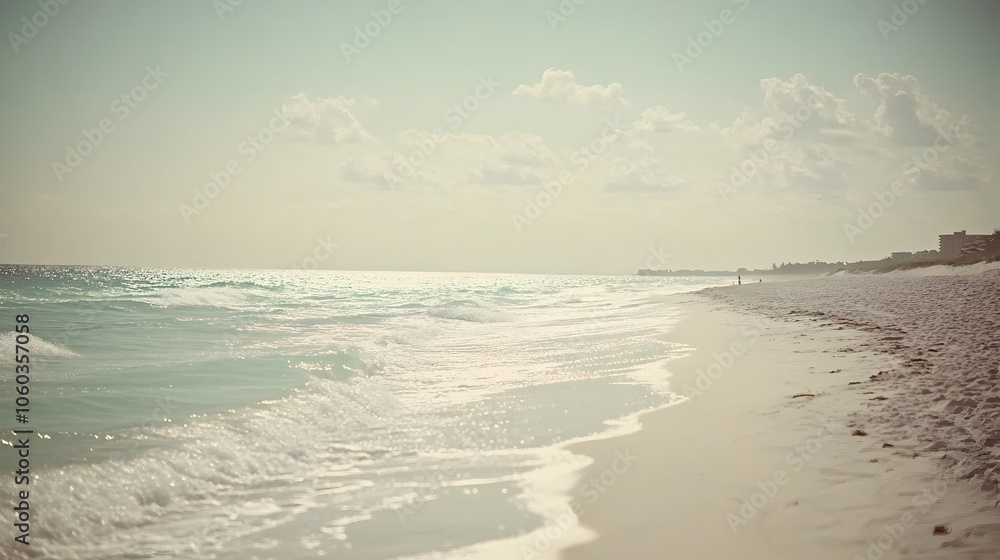 Fototapeta premium A scenic view of a sandy beach with foamy waves crashing on the shore.