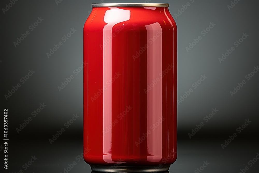 A shiny red beverage can against a dark background, highlighting its smooth surface. A shiny red beverage can against a dark background, highlighting its smooth surface.