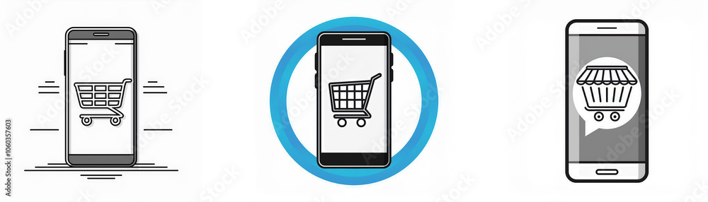 Three smartphones, each displaying a shopping cart icon. Three smartphones, each displaying a shopping cart icon.