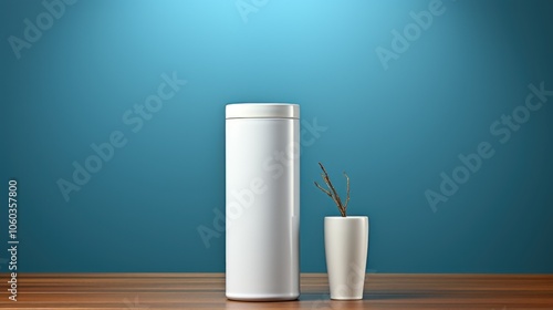 A minimalist scene featuring a white container and a vase with twigs against a blue background.