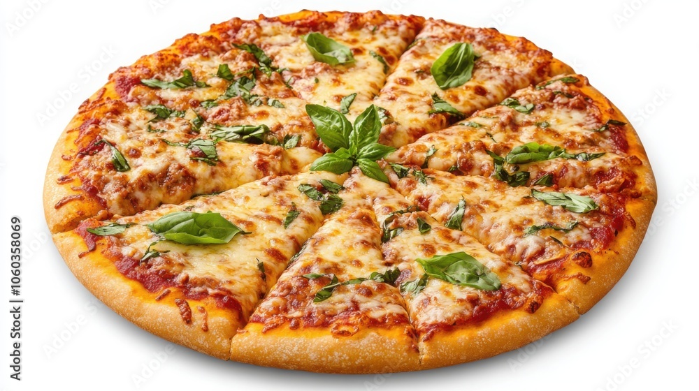 Freshly made pizza with a thin crust, topped with melted cheese and basil Freshly made pizza with a thin crust, topped with melted cheese and basil