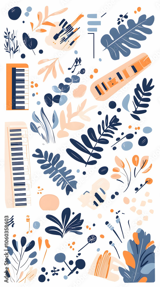 Abstract pattern with piano keys, leaves, and floral elements in blue and orange. Abstract pattern with piano keys, leaves, and floral elements in blue and orange.