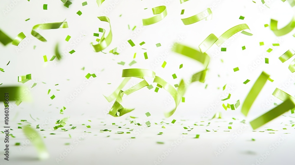 Fototapeta premium Green confetti fluttering in air with white background