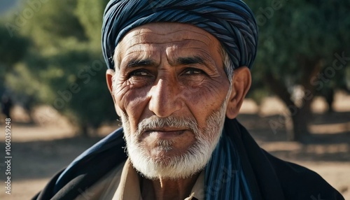 An elderly man from Afghanistan showcases his weathered face, reflecting years of wisdom and resilience against a modest backdrop of nature, embodying the rich culture of his homeland. Generative AI photo