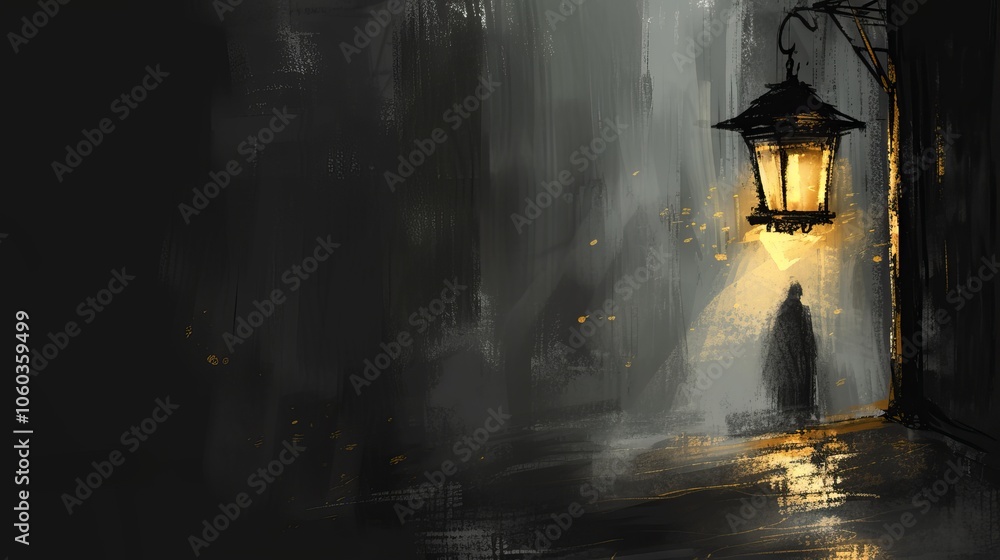 A lone figure walks down a dark street lit by a single streetlamp. A lone figure walks down a dark street lit by a single streetlamp.