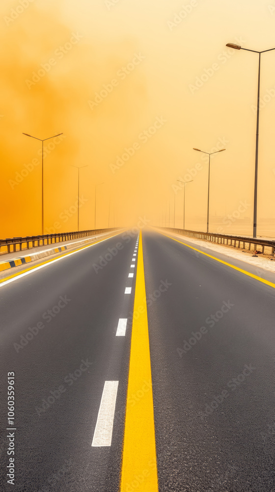Fototapeta premium long highway stretches into distance, enveloped in heat haze and dust, creating surreal atmosphere. road is lined with streetlights, emphasizing desolate landscape