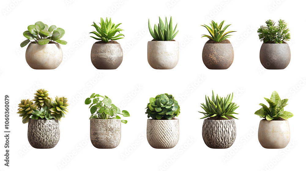Various potted plants in decorative containers, white isolate background. Various potted plants in decorative containers, white isolate background.