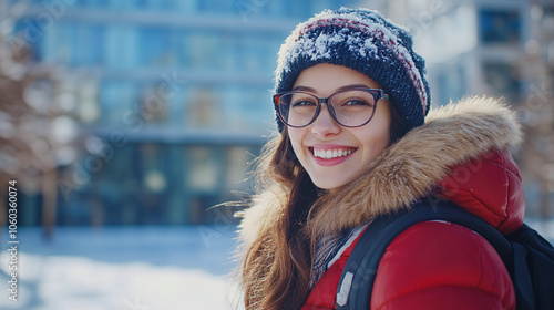 Smiling girl student in glasses and with a backpack against the background of the university on a winter day photo