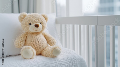Cozy nursery corner featuring a teddy bear in a white crib, perfect for creating a serene atmosphere for your little one's dreams