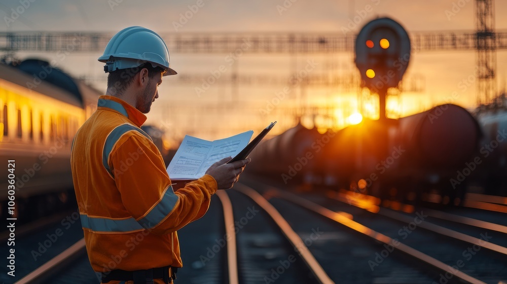 Obraz premium A railway maintenance site under a clear sky, an engineer reviewing technical documents while inspecting a train