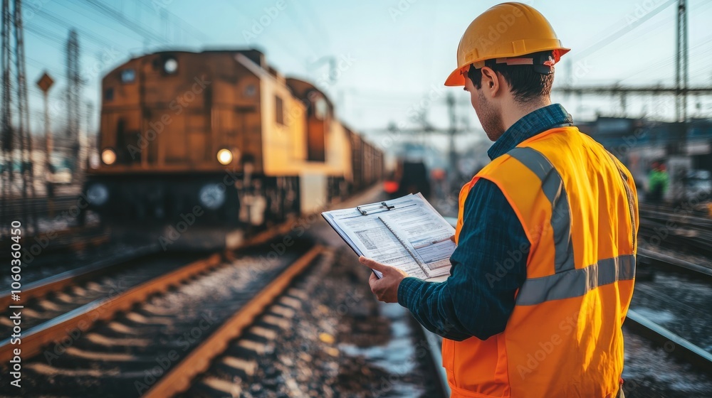 A railway maintenance site under a clear sky, an engineer reviewing technical documents while inspecting a train