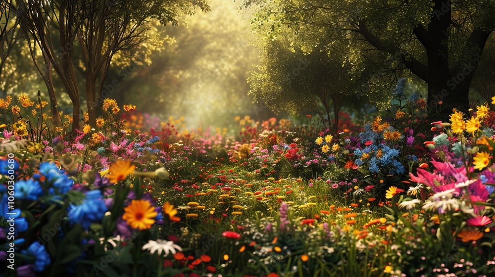 Fototapeta premium A vibrant field of wildflowers blooms beneath the sun-dappled trees.