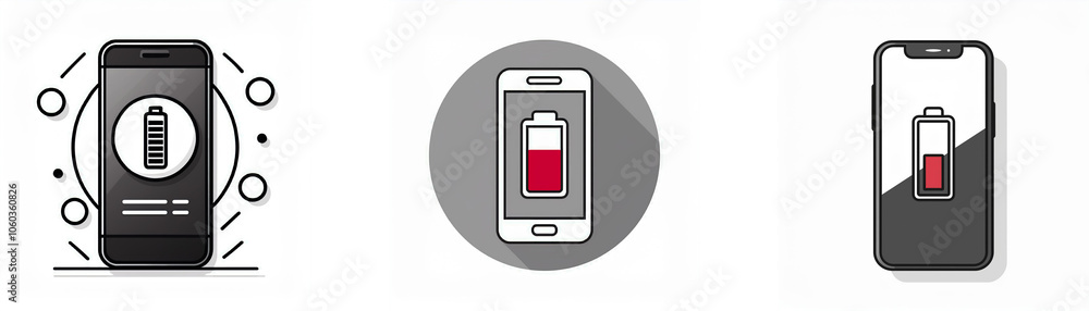 Three smartphones with different battery levels: full, half, and almost empty. Three smartphones with different battery levels: full, half, and almost empty.