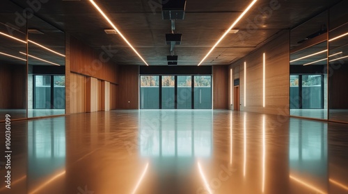 A modern dance studio with mirrors  the floor s reflection providing space for dance tutorials or branding