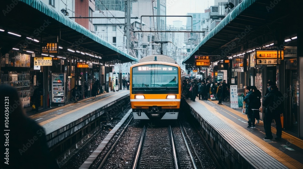 Fototapeta premium A local train arriving at a bustling railway station platform in Japan, passengers waiting and preparing to board, traditional Japanese architecture and signage visible in the background