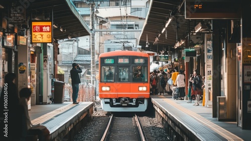 A local train arriving at a bustling railway station platform in Japan, passengers waiting and preparing to board, traditional Japanese architecture and signage visible in the background