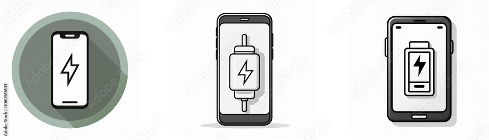 Three black and white images showing a smartphone with a battery and lightning bolt icon. Three black and white images showing a smartphone with a battery and lightning bolt icon.